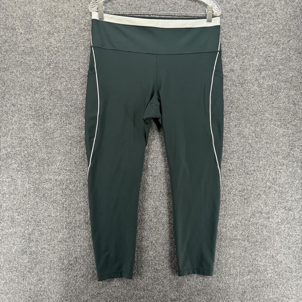 Athleta Interval Stash Tipped 7/8 Tight Leggings Womens XL Green White Trim Yoga
